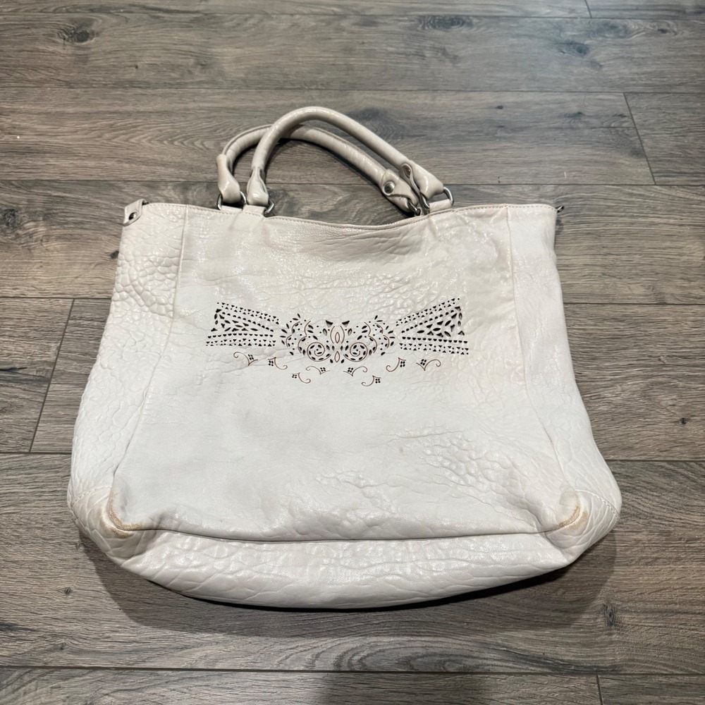 Gianni Notaro Genuine Leather Tote Bag Cream Bow Detail Made in Italy